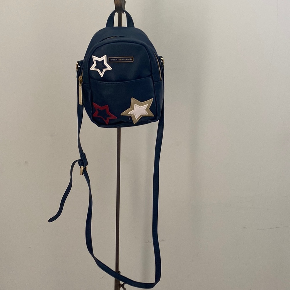 Tommy Hilfiger Navy Blue Stars Mini Backpack Purse Gold Hardware Clean 8x8